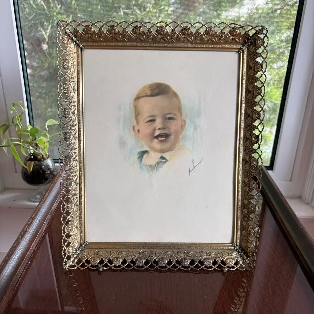 Vintage Signed Baby Portrait Drawing in Gold Tone Rose Filigree Frame